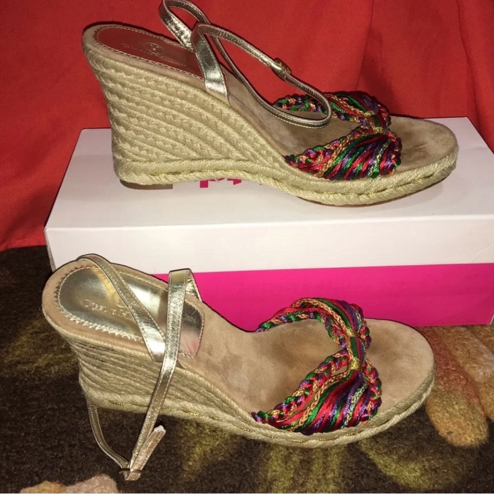 Cole Haan Multicolor Braided Espadrille Wedge Sandals with Silver Ankle Strap